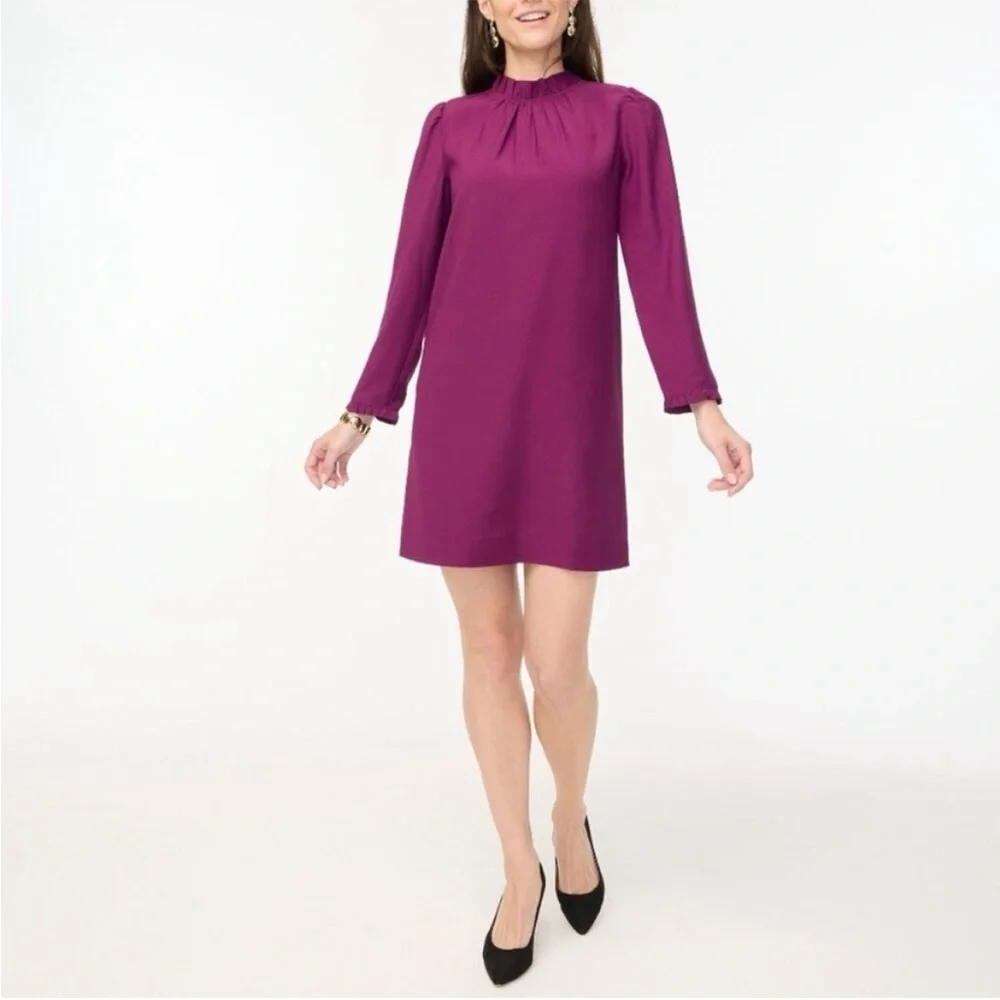 J. Crew Long Sleeve Burgundy Purple Ruffle Neck Shift Dress 4